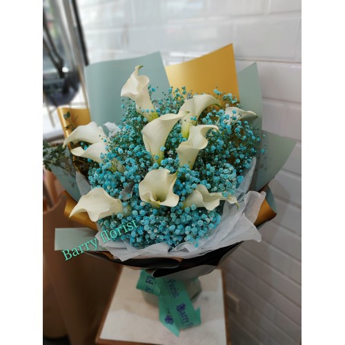 BOU 0165   白色馬蹄蘭10支+藍色星花